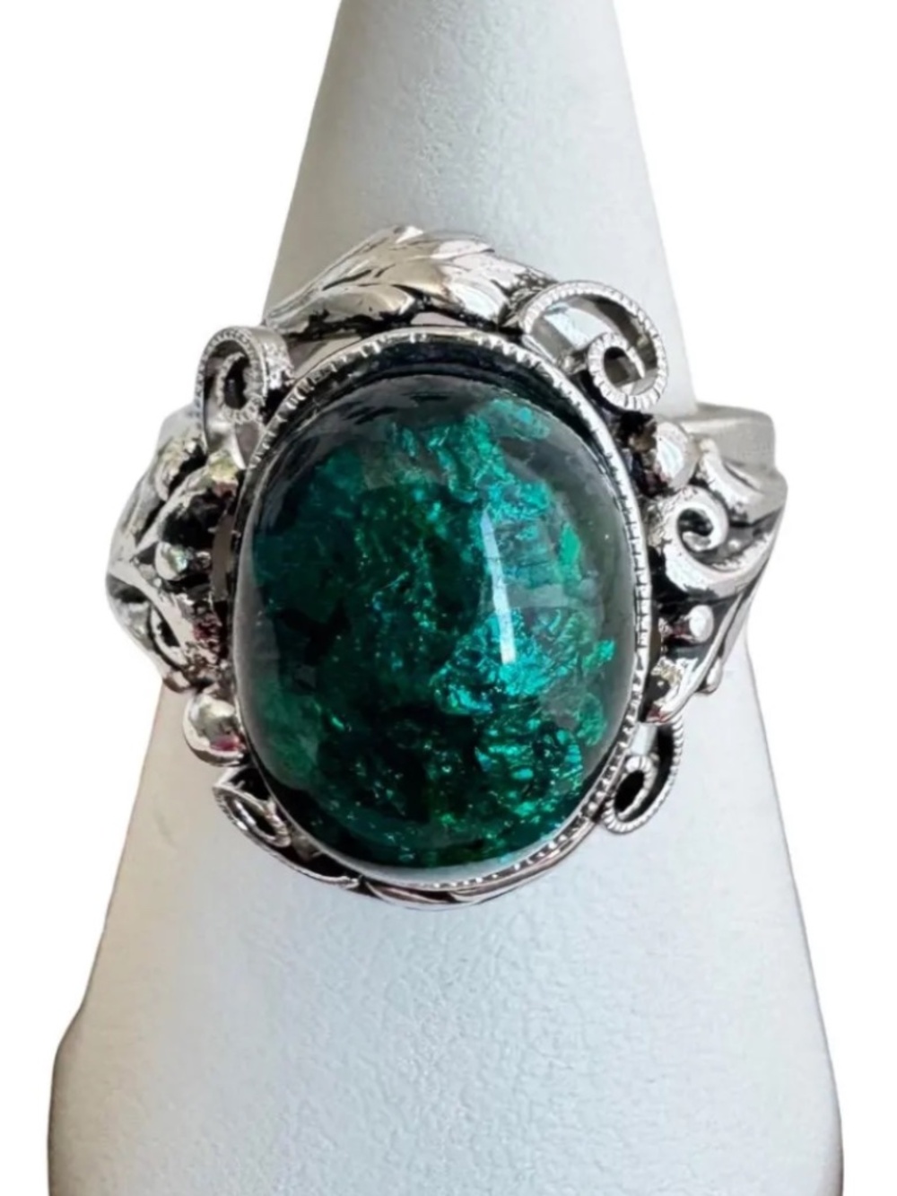Vintage Japanese Cloisonne Ring Green Enamel Cabochon Statement Adjustable Sz 7